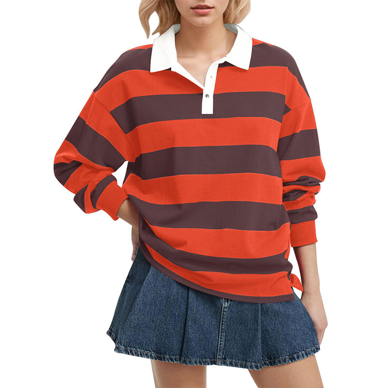 Women's Oversized Striped Polo Shirt Long Sleeve