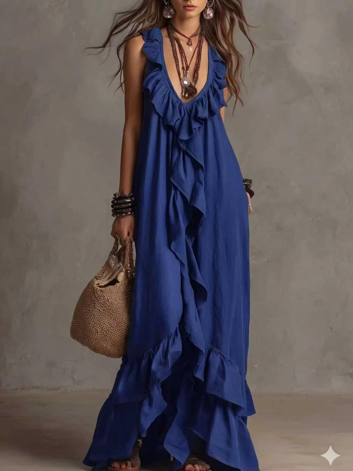 Women's Boho Ruffle V-Neck Sleeveless Maxi Dress