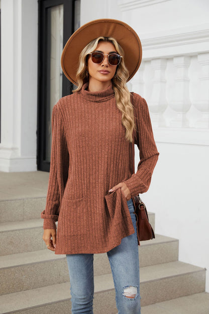 Women's Ribbed Mock Neck Long Sleeve Tunic with Pockets