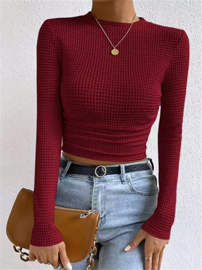 Women's Ruched Waffle Knit Long Sleeve Crop Top