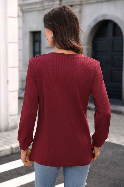 Women's Waffle Knit V-Neck Button Long Sleeve Top