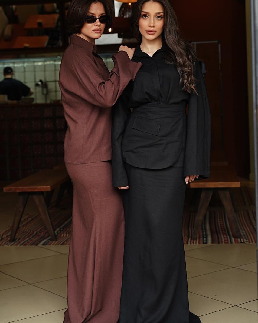 Women's Elegant Collared Long Sleeve 3 Piece Maxi Skirt Set