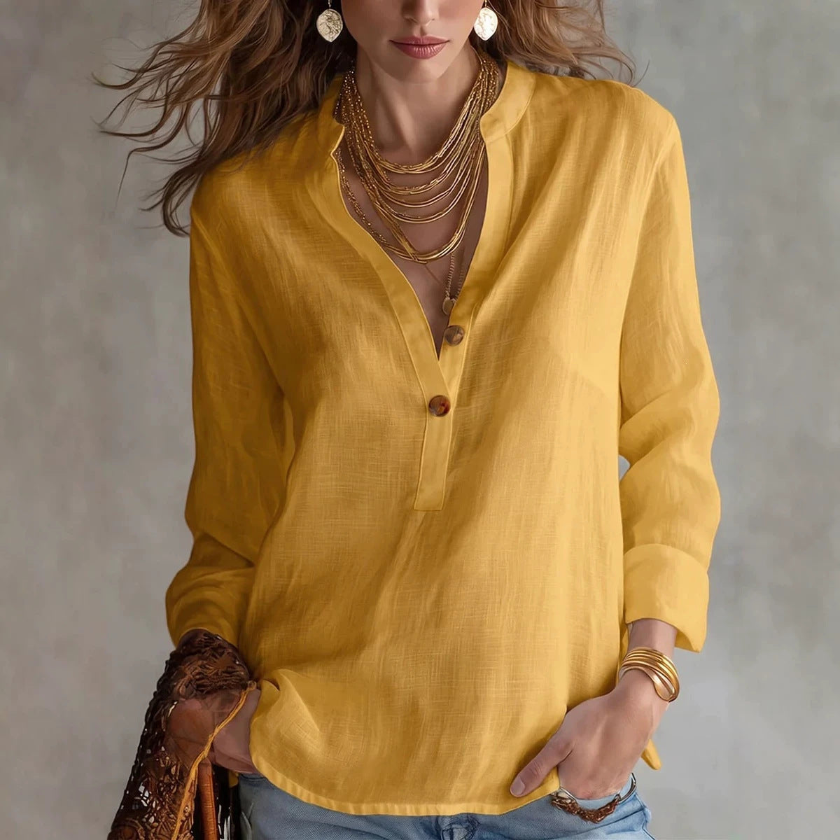 Women's V Neck Button Front Long Sleeve Casual Blouse