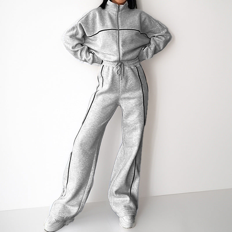 Women's Striped 2 Piece Tracksuit Zip Jacket Wide Leg Pants