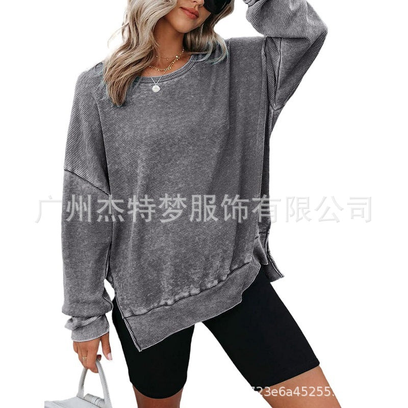 Waffle Split Hem Sweatshirt Women Casual Long Sleeve Top