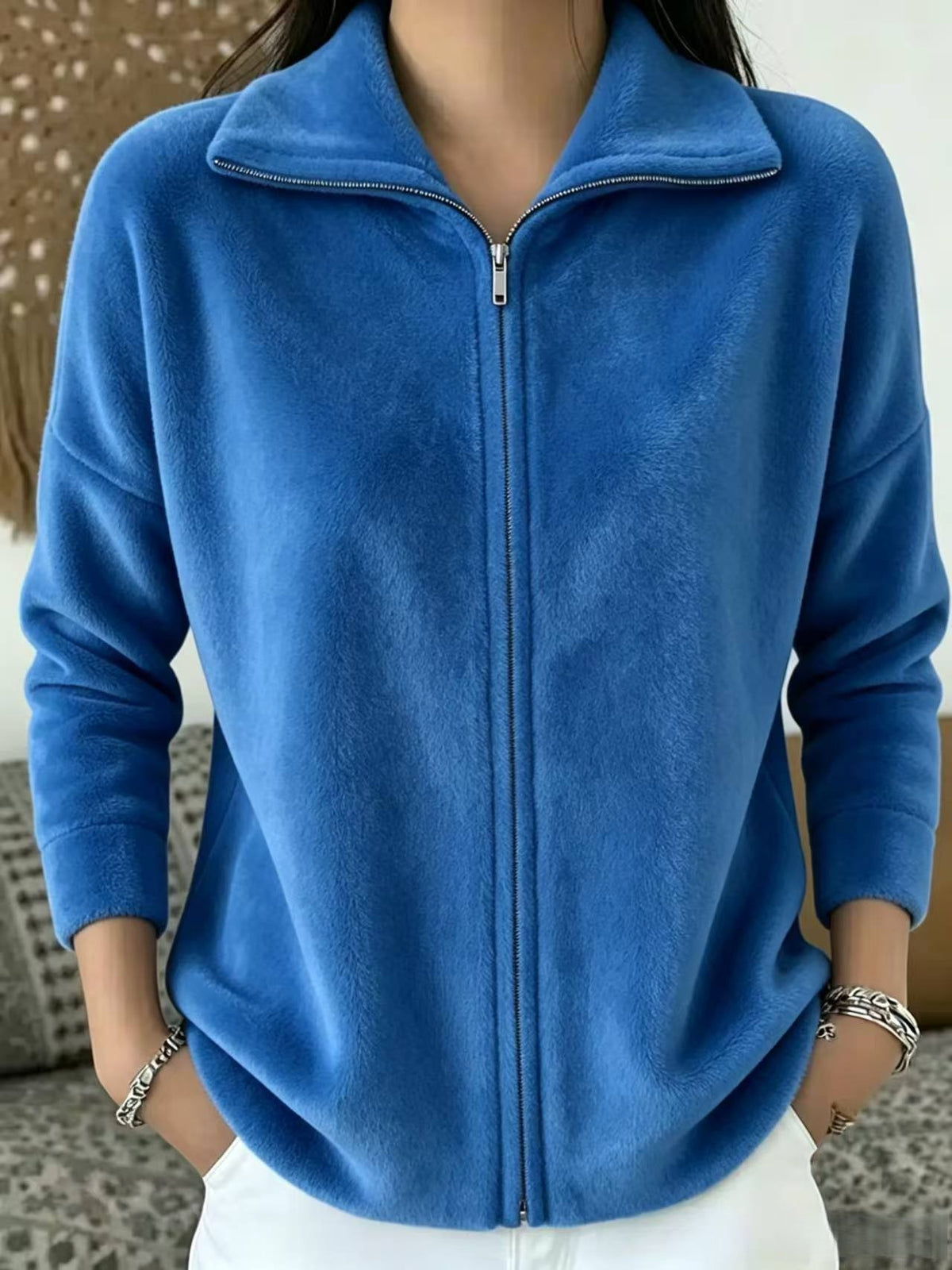 Women's Oversized Zip-Up Fleece Jacket Casual Collared