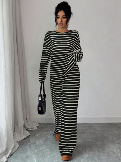 Stripe Knit Lounge Set Crew Neck Top and Wide Leg Pants