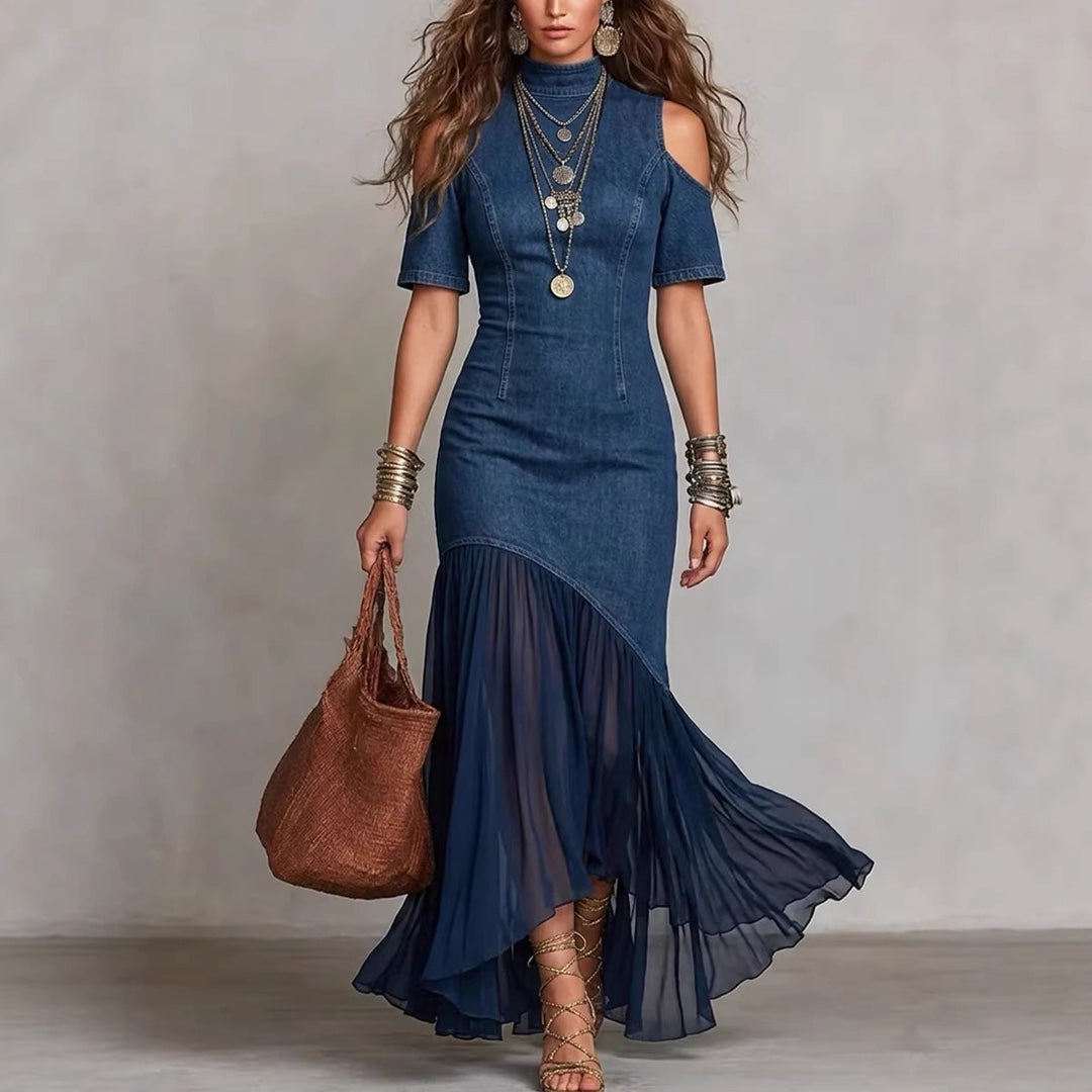 Women's Cold Shoulder Denim Dress Sheer Mesh Maxi