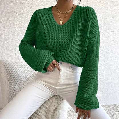 V-Neck Balloon Sleeve Oversized Knit Pullover Sweater