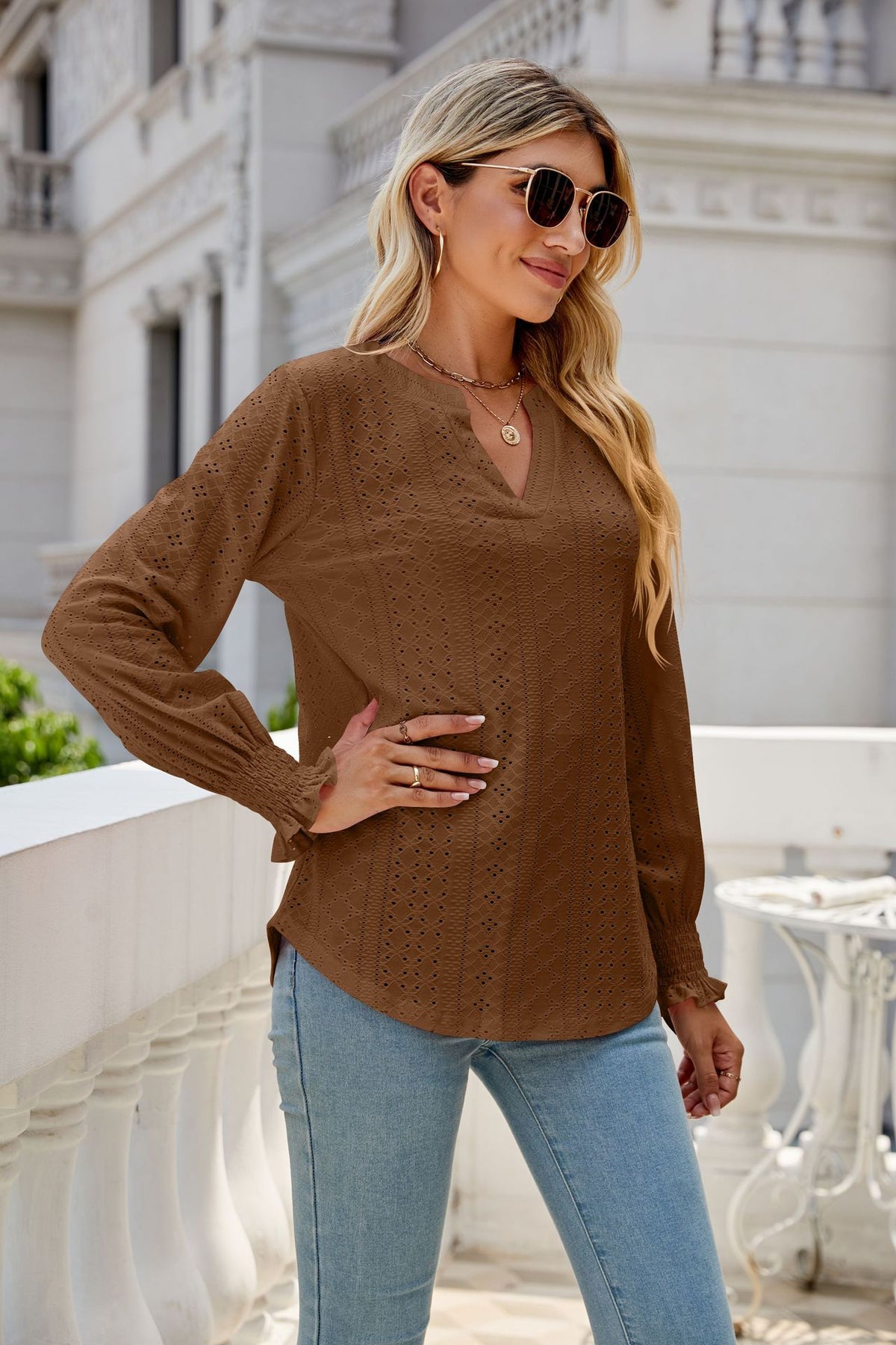 Women's Eyelet V-Neck Long Sleeve Ruffle Cuff Loose Blouse