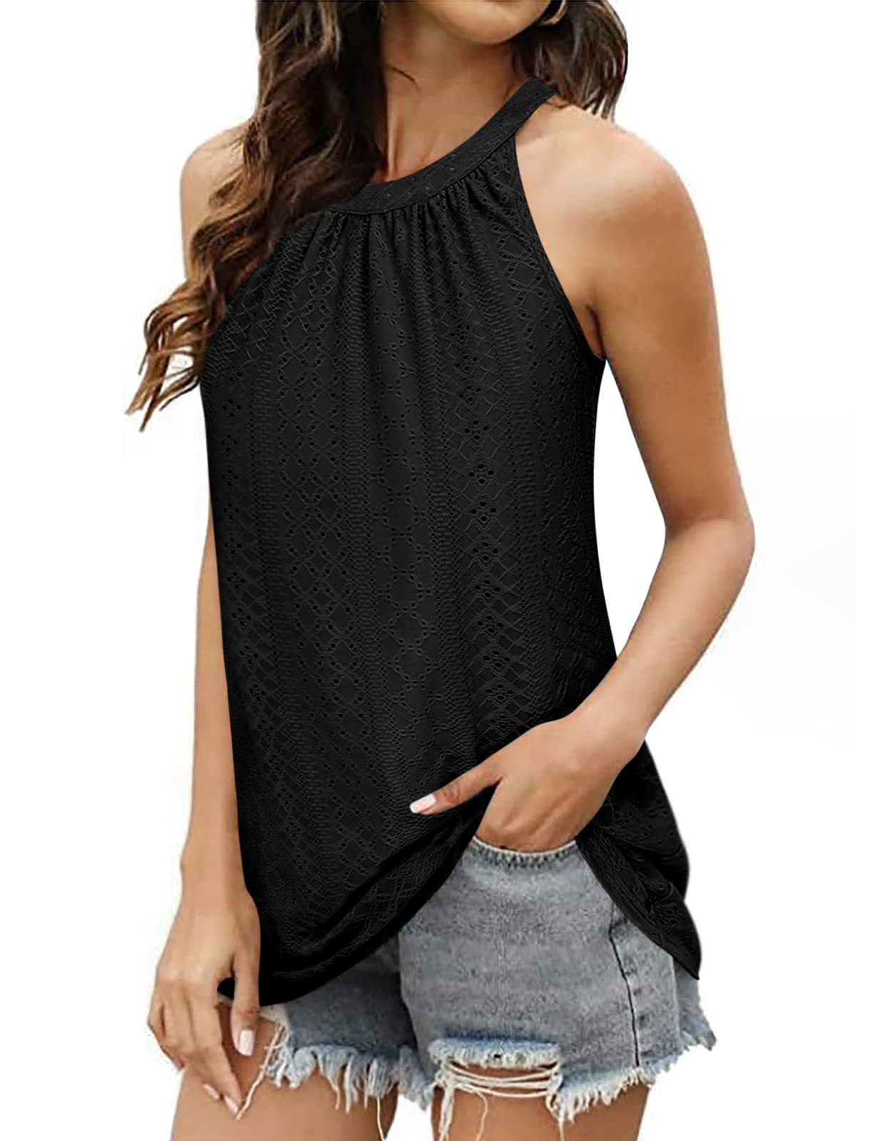 Loose Fit Round Neck Pleated Sleeveless Vest T-Shirt