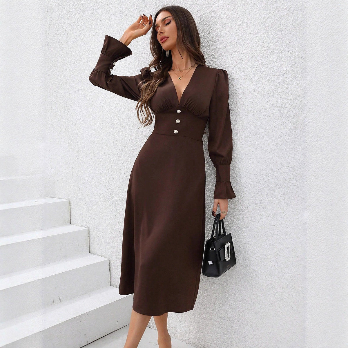 V-Neck Long Sleeve Button Front Midi Shirt Dress