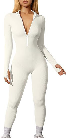 Women's Ribbed Zip Front Long Sleeve Workout Jumpsuit