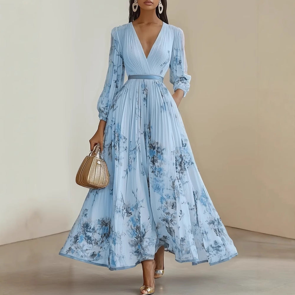 Floral Pleated V-Neck Long Sleeve Maxi Dress