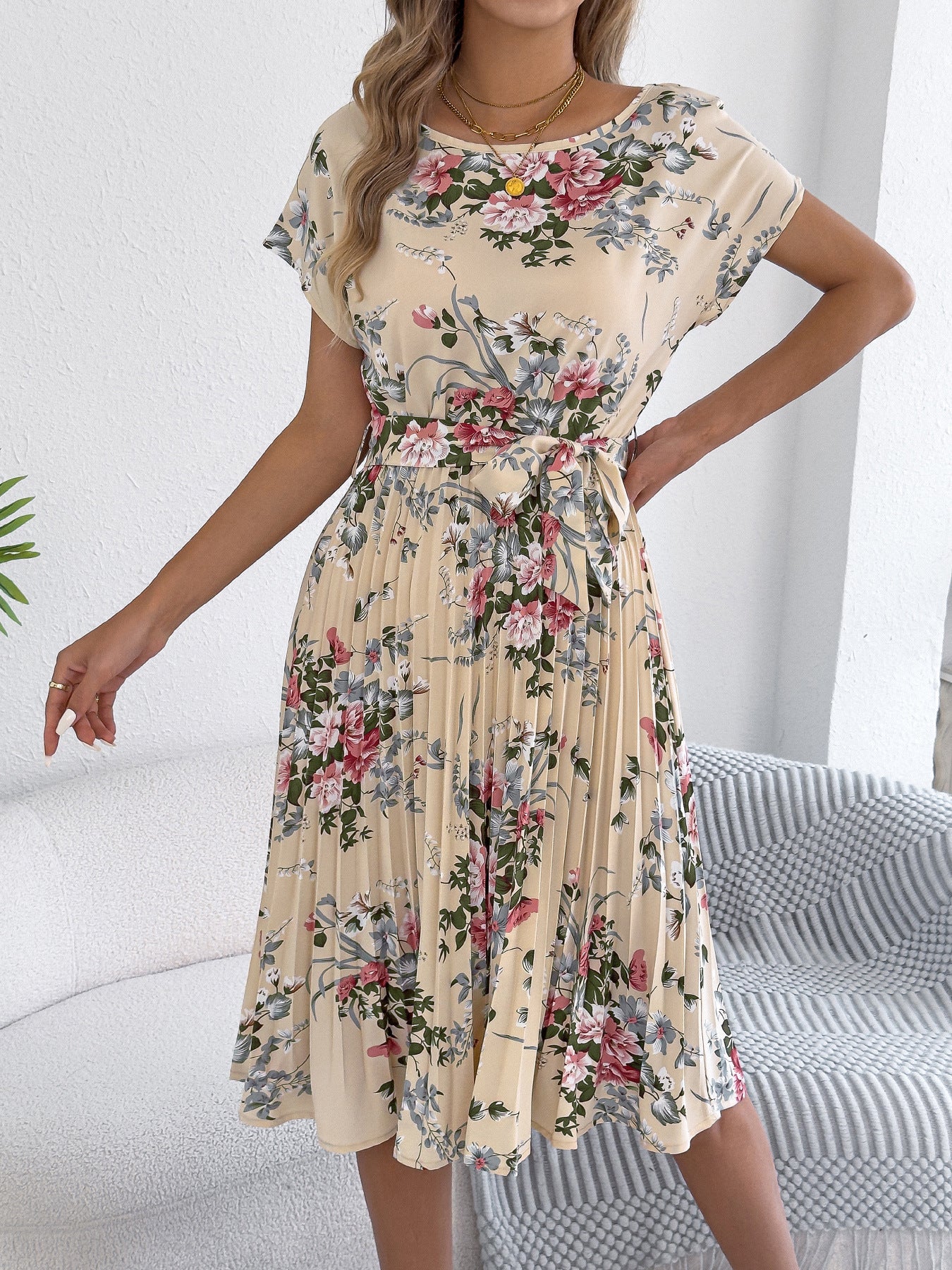 Floral Pleated Midi Dress with Tie Waist for Women