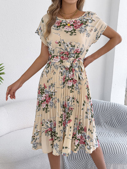 Floral Pleated Midi Dress with Tie Waist for Women