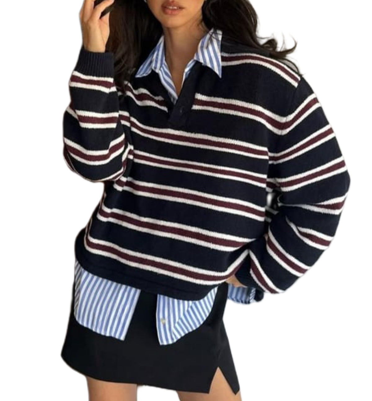 Womens Oversized Striped Polo Sweater Knit Pullover Top