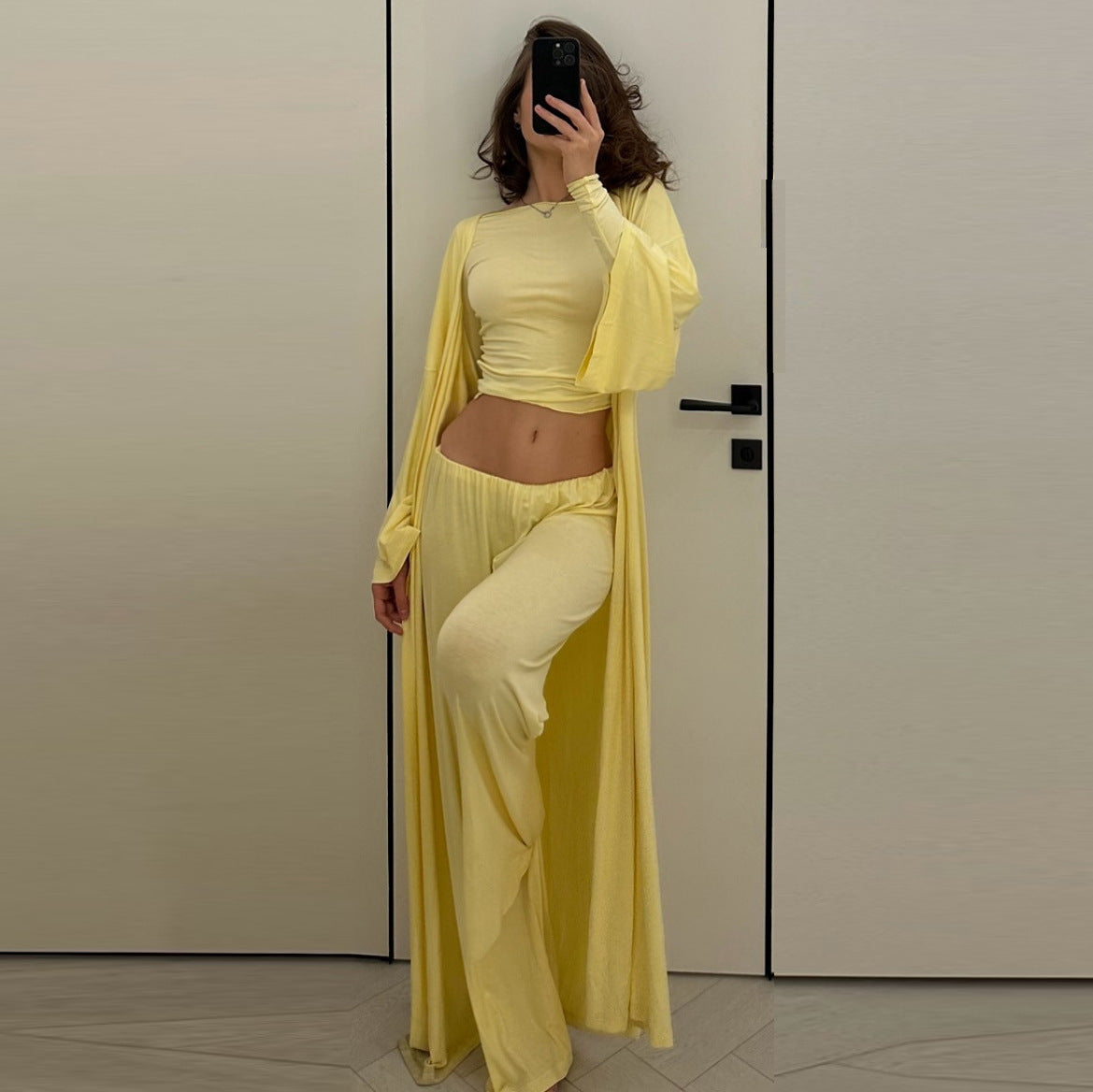 Women's 3 Piece Lounge Set Crop Top Wide Leg Pants Duster