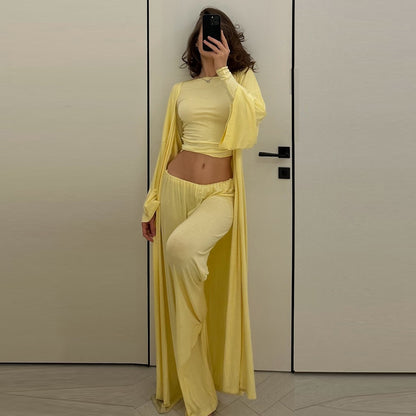 Women's 3 Piece Lounge Set Crop Top Wide Leg Pants Duster