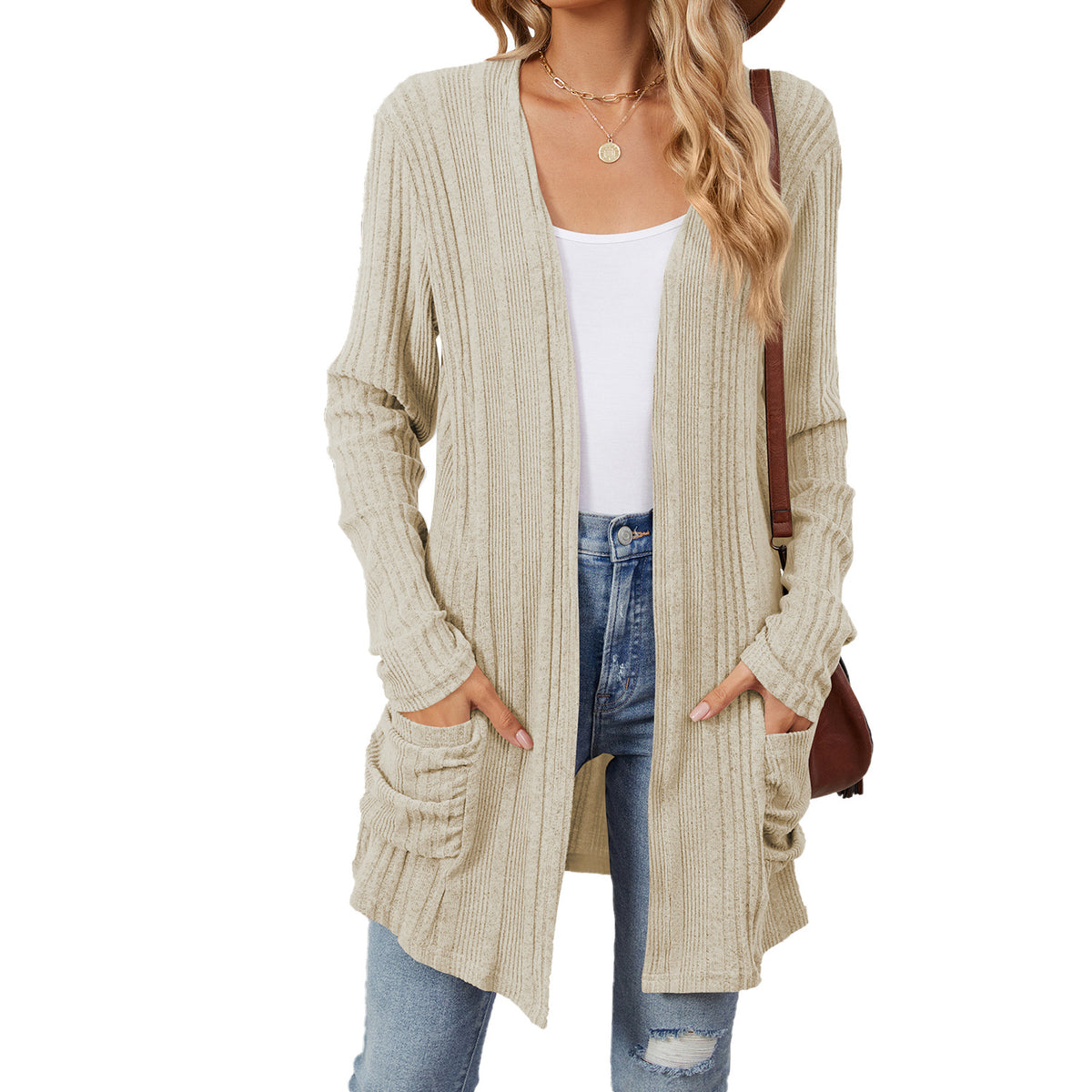 Women's Long Sleeve Ribbed Open Front Cardigan Pockets