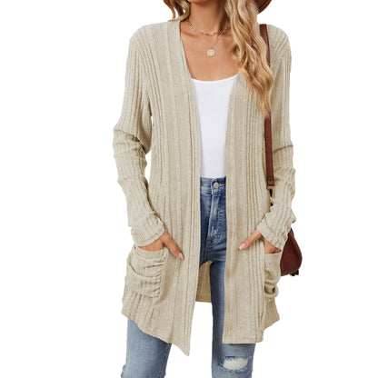 Women's Long Sleeve Ribbed Open Front Cardigan Pockets