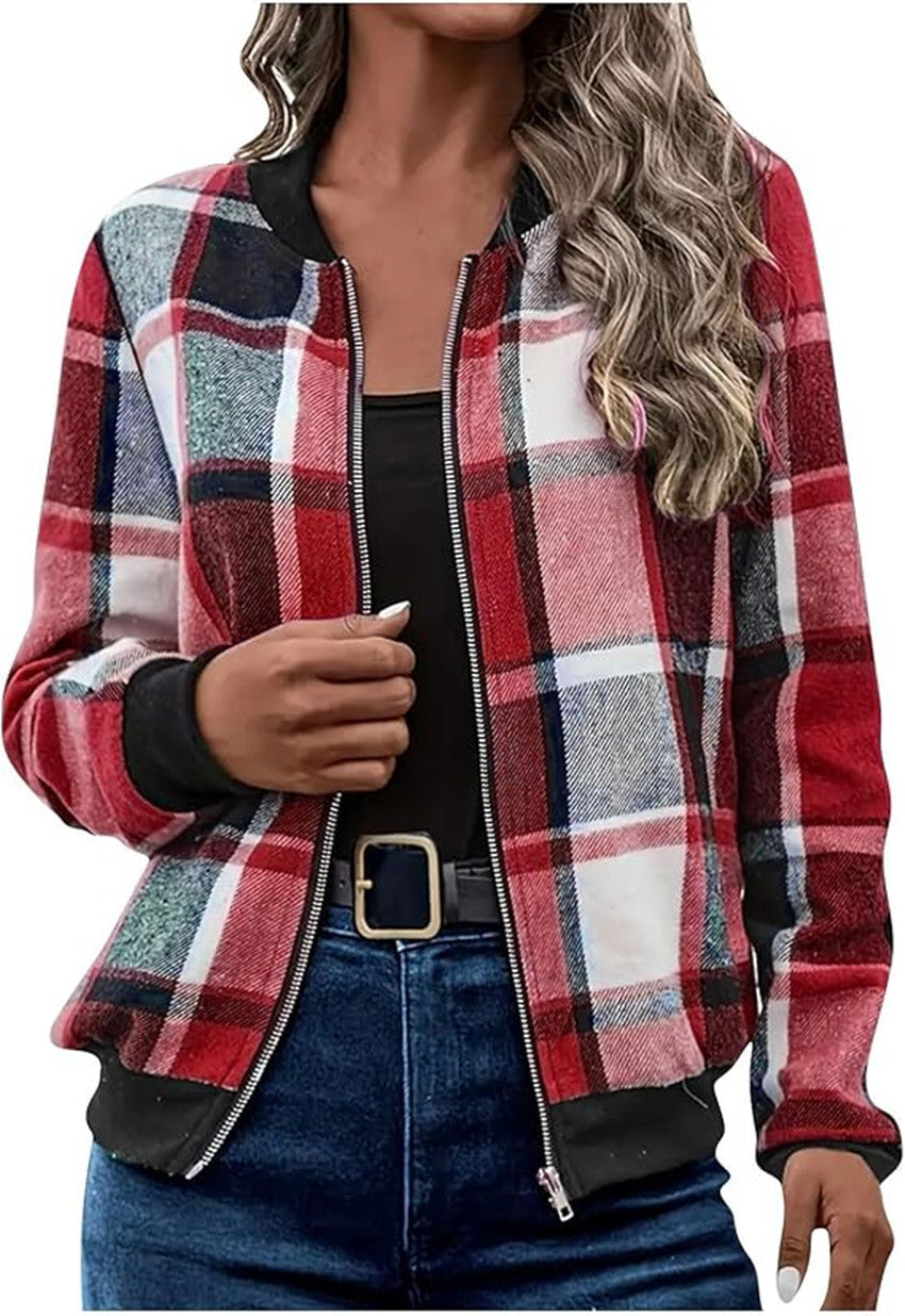 Women's Plaid Zip-Up Bomber Jacket Casual