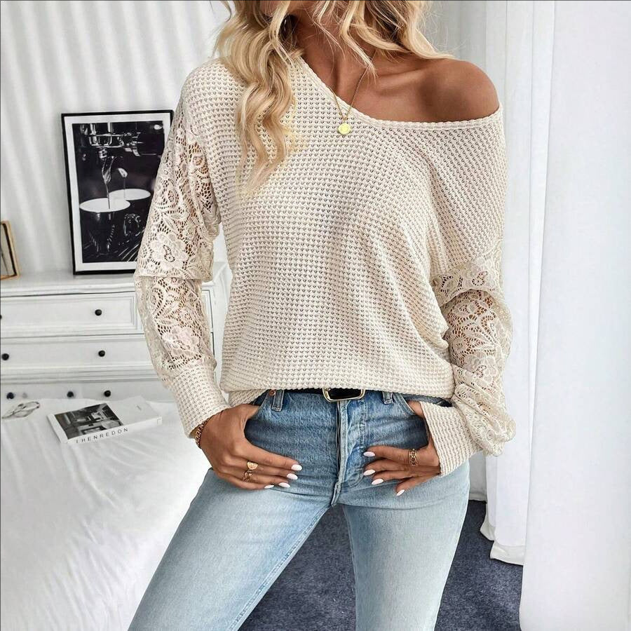 Waffle Knit V Neck Lace Sleeve Pullover Sweater