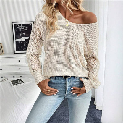 Waffle Knit V Neck Lace Sleeve Pullover Sweater