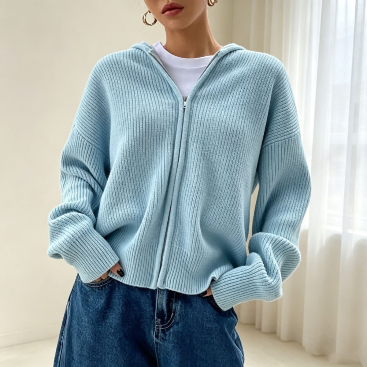 Women's Hooded Ribbed Zip Up Cardigan Sweater