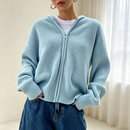 Women's Hooded Ribbed Zip Up Cardigan Sweater