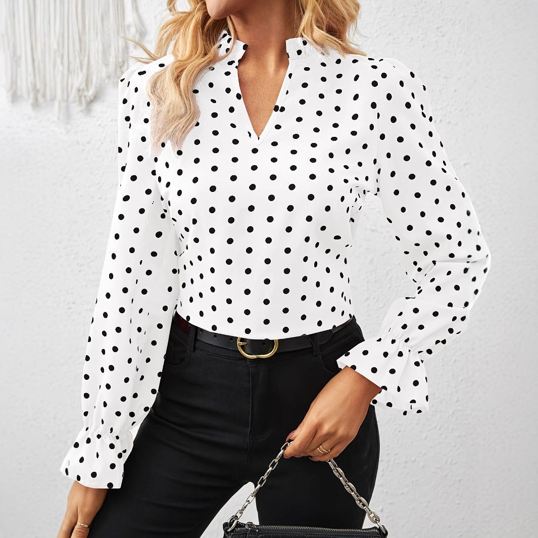 Women's Polka Dot V-Neck Bell Sleeve Casual Blouse