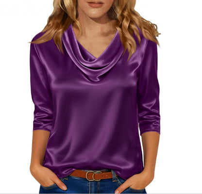 Women's Satin Cowl Neck Blouse 3/4 Sleeve Top