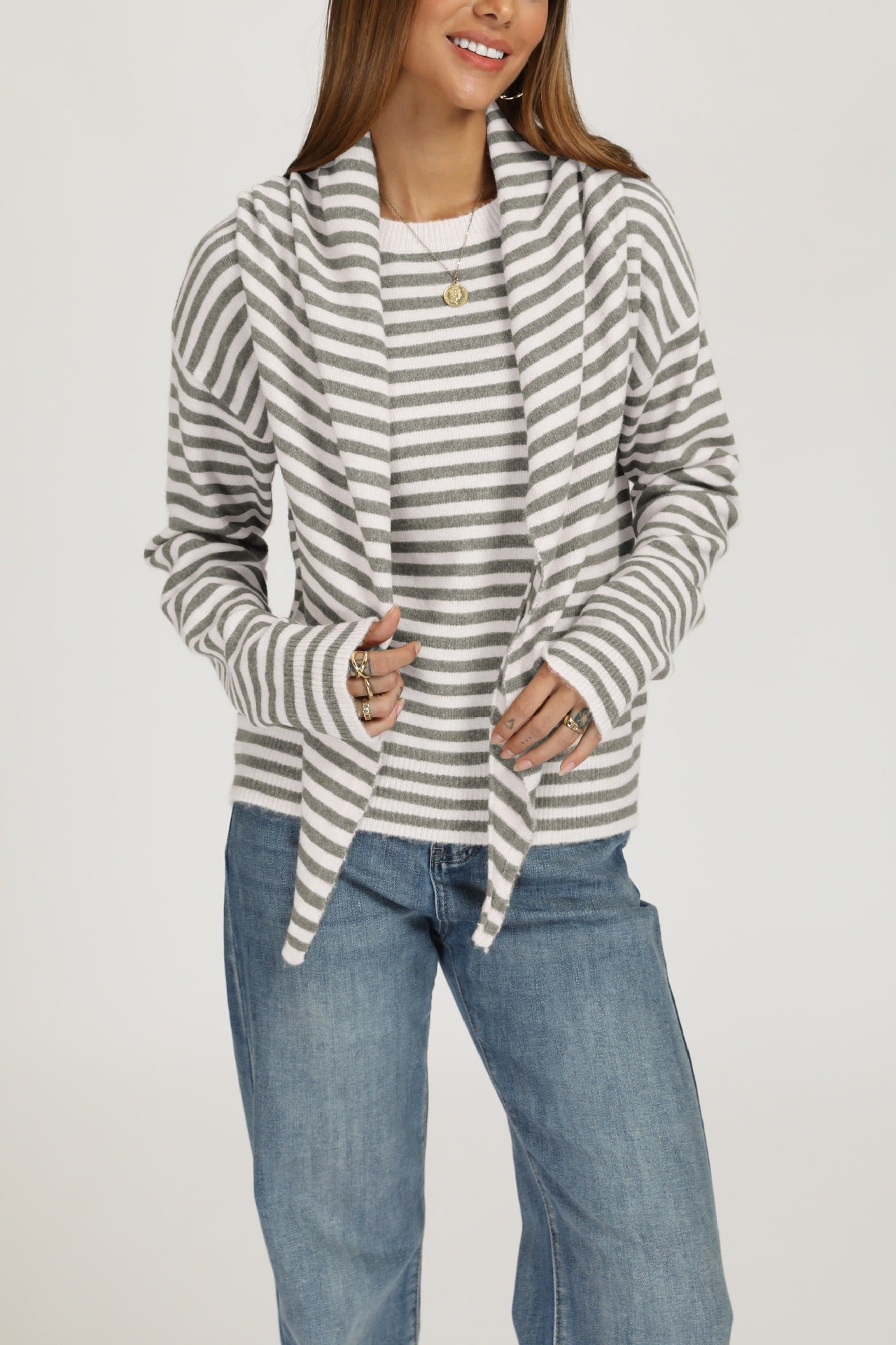 Striped Knit Sweater with Scarf Detail Crew Neck Pullover