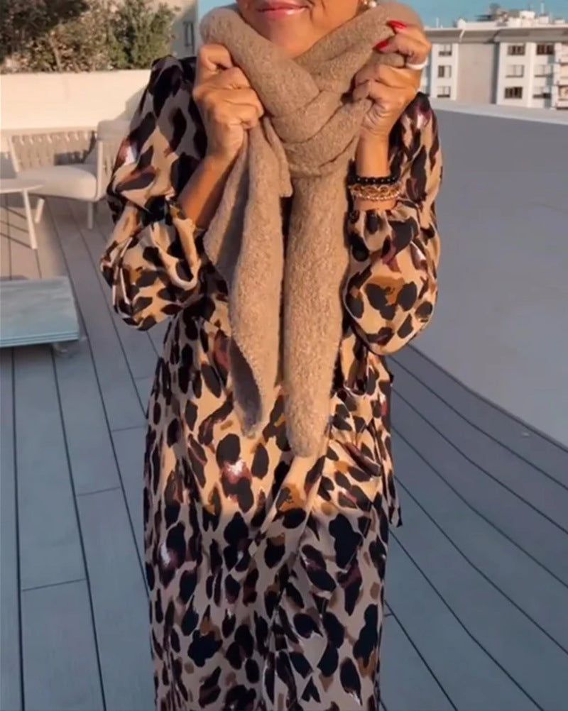 Women's Leopard Print Wrap Maxi Dress Long Sleeve V-Neck