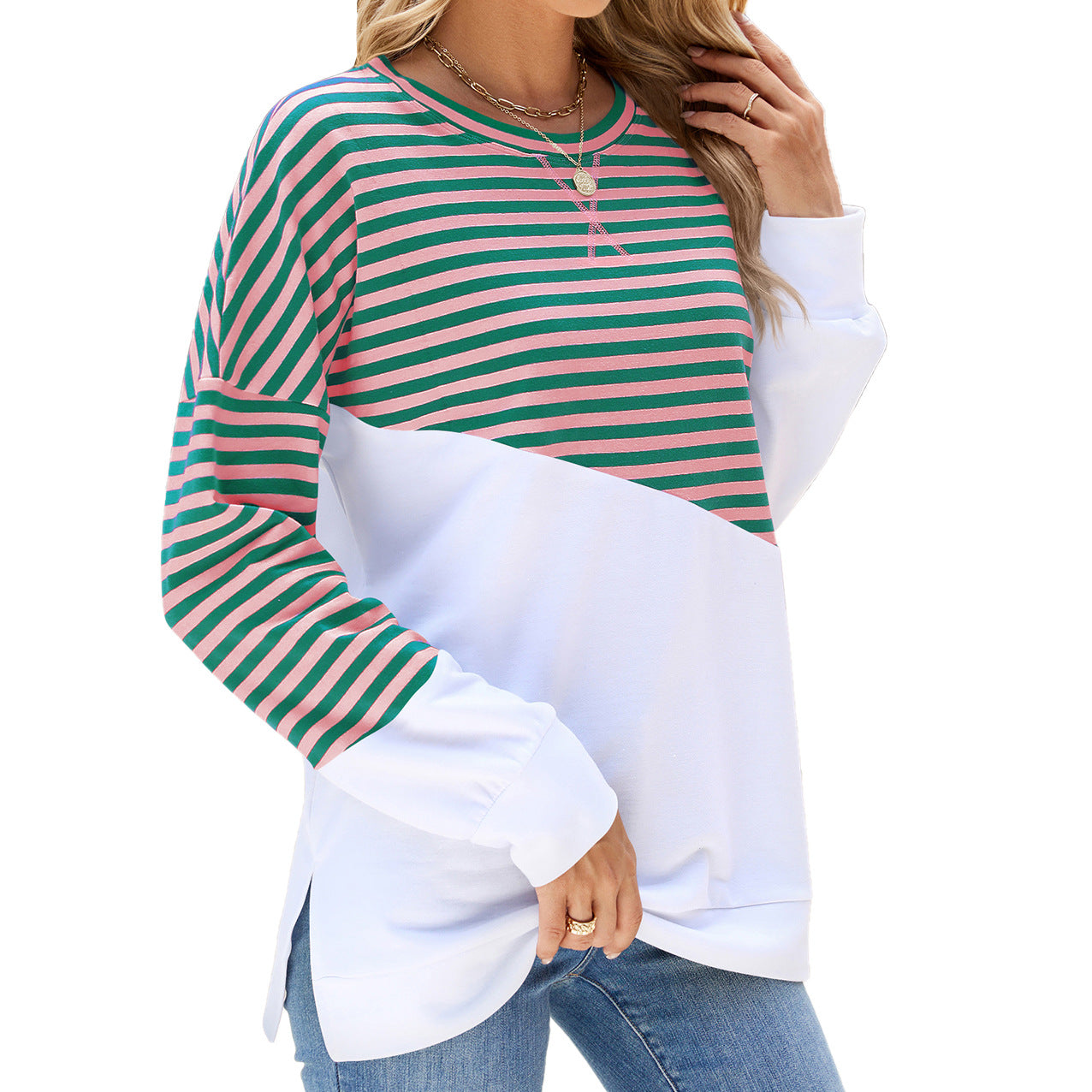 Women's Colorblock Striped Crewneck Sweatshirt Oversized