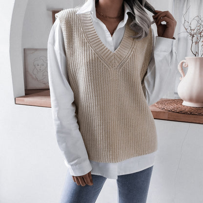 Women's V Neck Oversized Knit Sweater Vest Sleeveless
