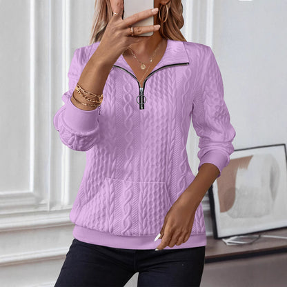 Womens Quarter Zip Collared Sweatshirt Long Sleeve Pockets