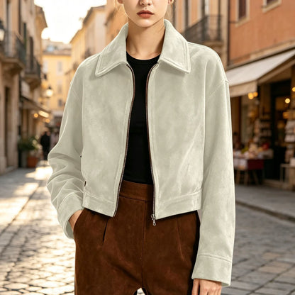 Womens Faux Suede Cropped Zip Up Jacket Vintage Casual