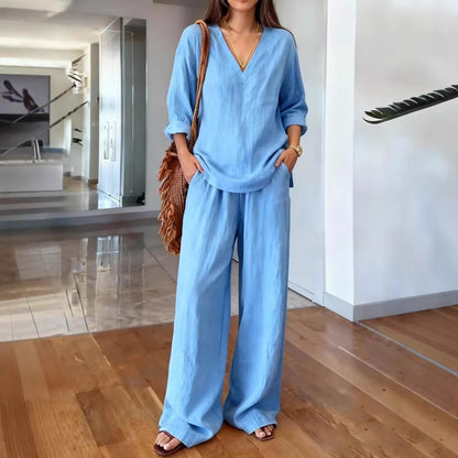 Women's Washed Cotton V-Neck Two Piece Set Wide Leg Pants