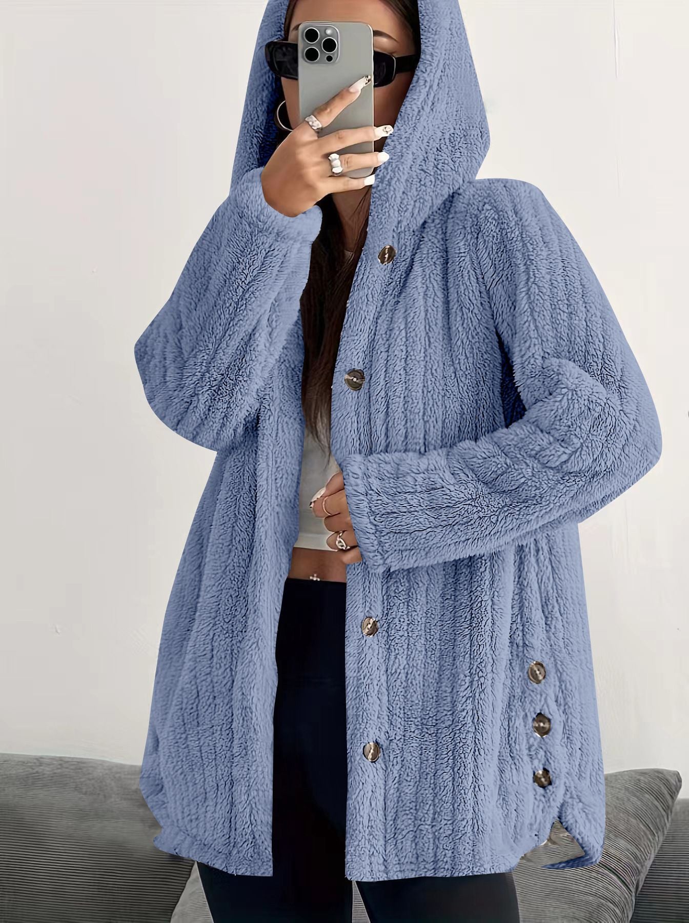Hooded Sherpa Fleece Jacket with Button Closure