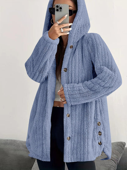 Hooded Sherpa Fleece Jacket with Button Closure