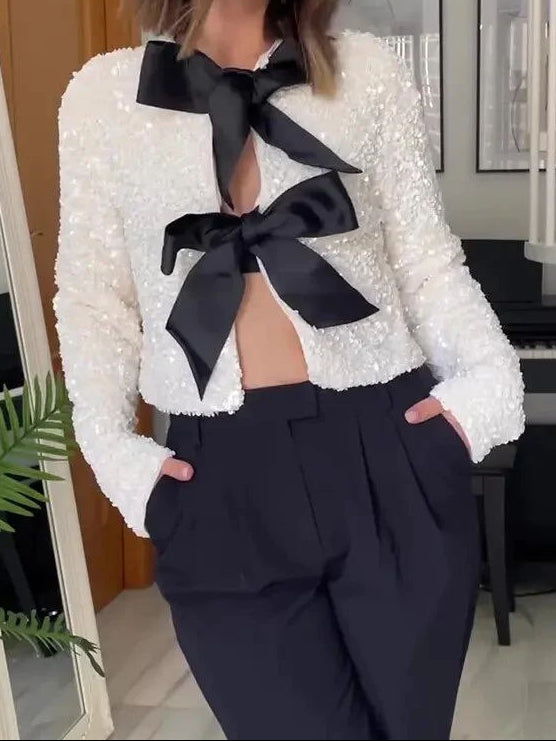 Womens Sequin Bow Tie Cropped Long Sleeve Party Jacket