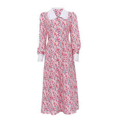Floral Maxi Dress Long Sleeve Peter Pan Collar Button Front