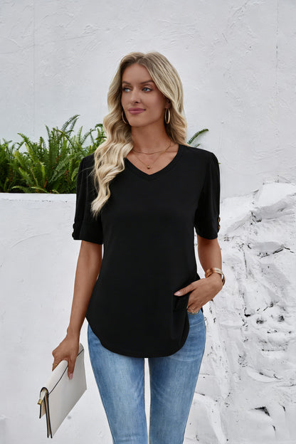 Solid Color V Neck Button Sleeve Puff Top Casual Tee