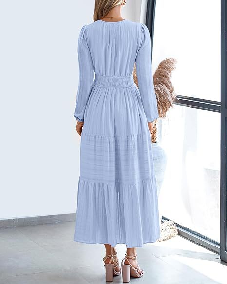 Women's V-Neck Long Sleeve Tiered Maxi Smocked Cotton Dress