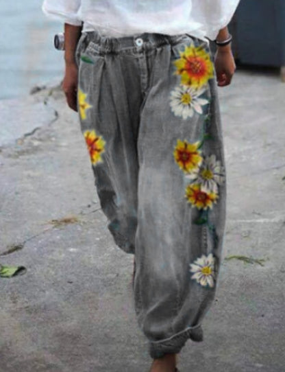 Women's Embroidered Denim Harem Pants Boho Floral Jeans