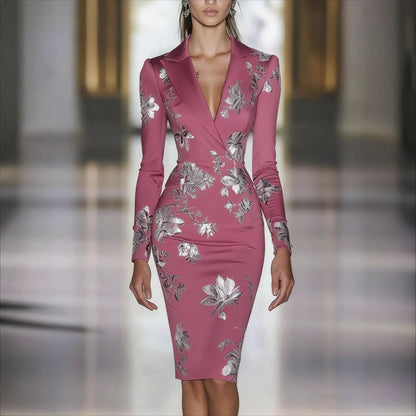 Women's Floral Bodycon Midi Dress Long Sleeve Notched Lapel