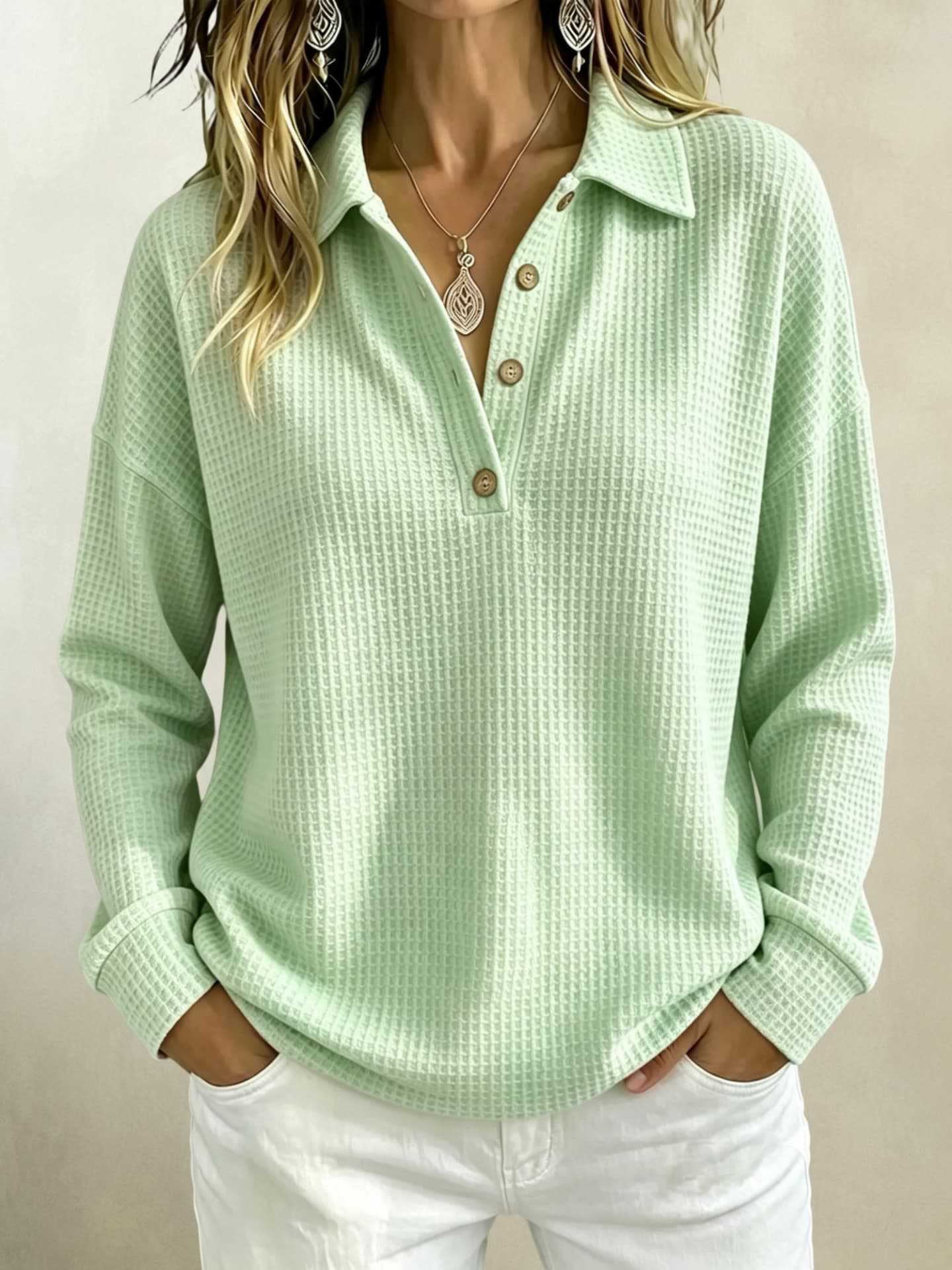 Women's Waffle Knit Polo Shirt Long Sleeve Button Top