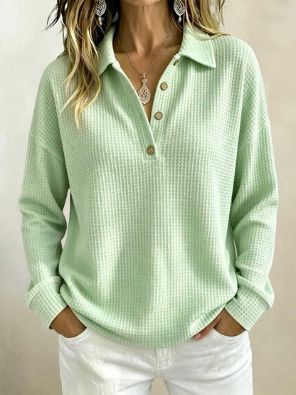 Women's Waffle Knit Polo Shirt Long Sleeve Button Top