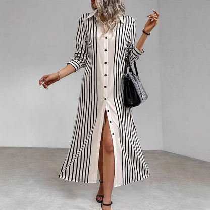 Women's Striped Long Sleeve Button Down Maxi Shirt Dress